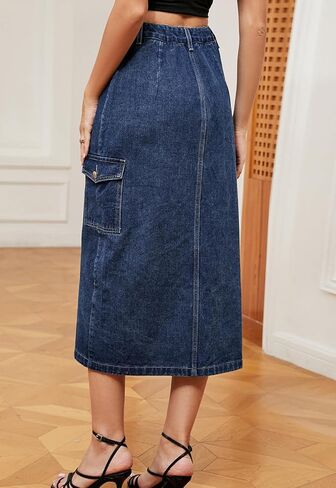 Atditama Women's Twill Cotton Multi-Pocket Cargo Skirt High Rise Elastic Waist Long Denim Skirt with Pockets in Saudi Arabia