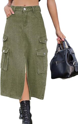 Atditama Women's Twill Cotton Multi-Pocket Cargo Skirt High Rise Elastic Waist Long Denim Skirt with Pockets in Saudi Arabia