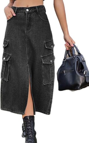 Atditama Women's Twill Cotton Multi-Pocket Cargo Skirt High Rise Elastic Waist Long Denim Skirt with Pockets in Saudi Arabia