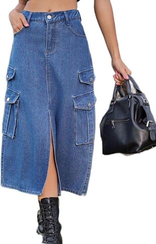 Atditama Women's Twill Cotton Multi-Pocket Cargo Skirt High Rise Elastic Waist Long Denim Skirt with Pockets in Saudi Arabia