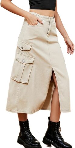 Atditama Women's Twill Cotton Multi-Pocket Cargo Skirt High Rise Elastic Waist Long Denim Skirt with Pockets in Saudi Arabia
