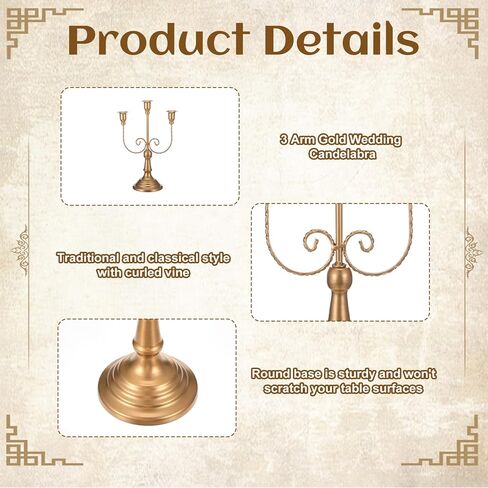 2 Pcs 3 Arm Gold Candelabra, 11.6" Metal Candle Holders Candelabra Centerpieces for Tables Theme Party Table Centerpiece Decor, Dining Room Wedding Birthday Holiday Christmas Fireplace Mantle in Saudi Arabia