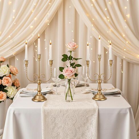 2 Pcs 3 Arm Gold Candelabra, 11.6" Metal Candle Holders Candelabra Centerpieces for Tables Theme Party Table Centerpiece Decor, Dining Room Wedding Birthday Holiday Christmas Fireplace Mantle in Saudi Arabia