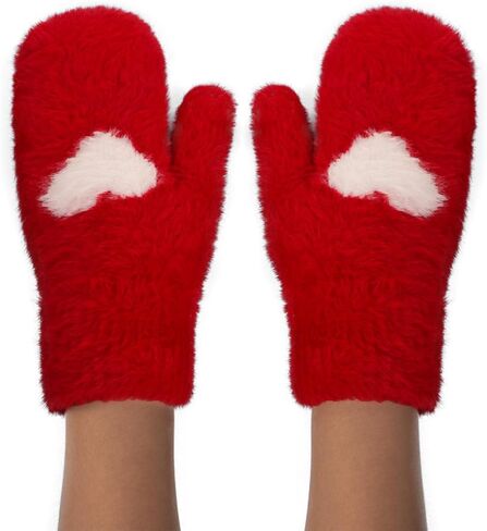 Women's Winter Plush Mittens - Soft Thermal Heart Print Cold Weather Gloves Cozy Stretchy Warm Knit Fleece Lined Thick Mitts in Saudi Arabia
