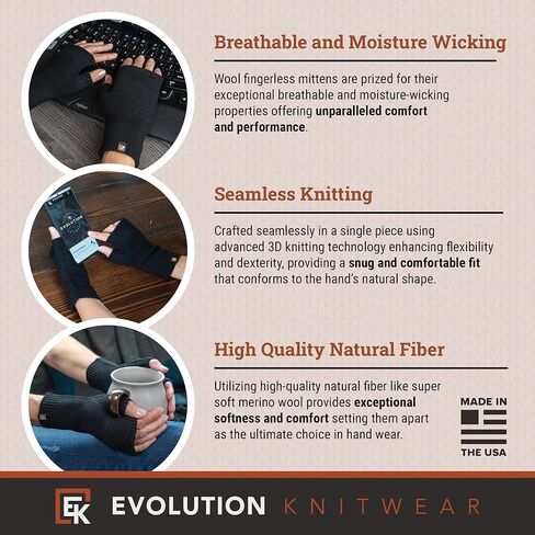Evolution Knitwear Wool Knit Fingerless Mittens - Super Soft Merino Wool - Made in the USA in Saudi Arabia