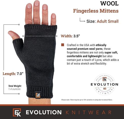 Evolution Knitwear Wool Knit Fingerless Mittens - Super Soft Merino Wool - Made in the USA in Saudi Arabia