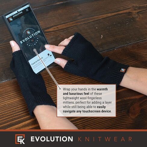Evolution Knitwear Wool Knit Fingerless Mittens - Super Soft Merino Wool - Made in the USA in Saudi Arabia