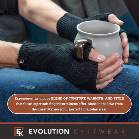 Evolution Knitwear Wool Knit Fingerless Mittens - Super Soft Merino Wool - Made in the USA in Saudi Arabia