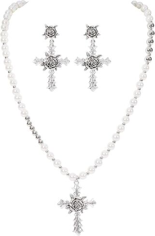 Bocar Gothic Cross Pearl Chunky Statement Necklace Earring Y2K Silver Pendant Necklace Set for Women (NK-10799) in Saudi Arabia
