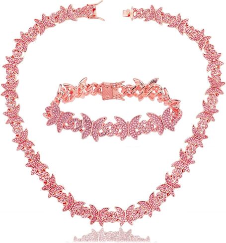 Butterfly Cuban Jewelry Set Cuban Link Chain Rhinestone Butterfly Necklace for Women in Saudi Arabia