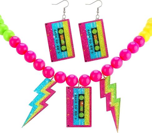 80s Outfits Costume Accessories for Women - Neon Jewelry Set 80s Earrings Neon Beaded Necklaces with Lightning Earrings for Women 80's Glow Party Favors Decorations in Saudi Arabia
