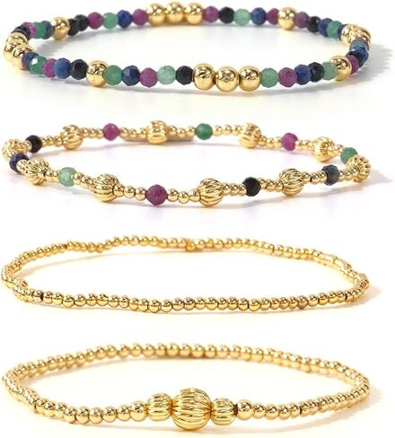 Gold 4Pcs Stackable Beaded Bracelets Set For Women,Handmade Natural Gemstone Glass Ball Stretch Accessories Jewelry, Daily Wear Friendship Gift in Saudi Arabia