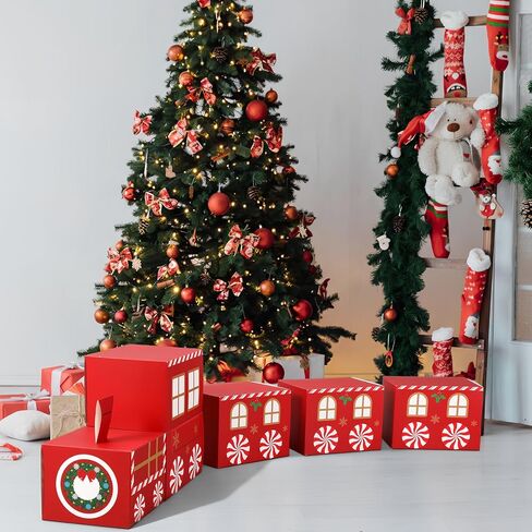 Eaasty 7 Pieces Christmas Express Train Decorations Cardboard Train Boxes DIY Santa Gifts Trains Present Treat Storage Boxes for Xmas Holiday Decorations(Candy,Red) in Saudi Arabia