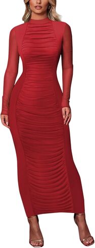 Aisbei Women's Ruched Bodycon Maxi Dress Mock Neck Long Sleeve Mesh Party Cocktail Dresses in Saudi Arabia