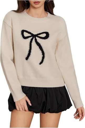 Verdusa Women's Bow Cozy Sweater Crew Neck Pullover Knit Tops Preppy Fall Clothes in Saudi Arabia