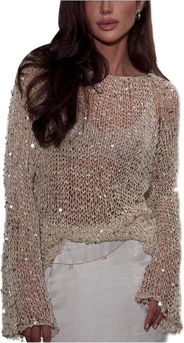 MakeMeChic Women's Glitter Sequin Tops Crochet Sweater Sparkly Long Sleeve Crew Neck Party Sheer Top in Kuwait