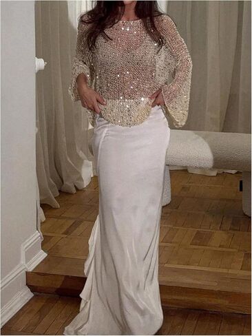 MakeMeChic Women's Glitter Sequin Tops Crochet Sweater Sparkly Long Sleeve Crew Neck Party Sheer Top in Kuwait