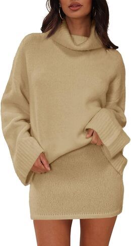 Langwyqu Womens 2 Piece Outfits Sweater Sets Turtleneck Oversized Sweaters and Mini Skirts Fall Winter Trendy Loungewear in Saudi Arabia
