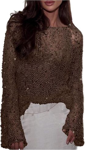 MakeMeChic Women's Glitter Sequin Tops Crochet Sweater Sparkly Long Sleeve Crew Neck Party Sheer Top in Kuwait