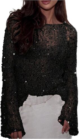 MakeMeChic Women's Glitter Sequin Tops Crochet Sweater Sparkly Long Sleeve Crew Neck Party Sheer Top in Saudi Arabia