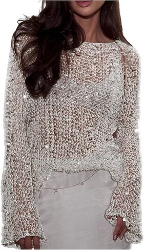 MakeMeChic Women's Glitter Sequin Tops Crochet Sweater Sparkly Long Sleeve Crew Neck Party Sheer Top in Kuwait