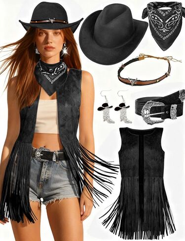 Western Outfits for Women Cowgirl Costume Women Fringe Vest Sleeveless with Cowboy Hat Earring Bandana Belts Accessories in Saudi Arabia