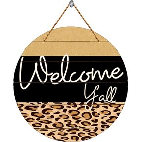 RIFOSA Round Wooden Hanging Decorative Sign, Leopard Print, 12X12 Inch, Welcome Y'all, Rustic Modern, Indoor/Outdoor in Saudi Arabia
