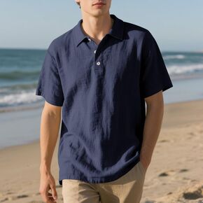 Men's Linen Short Sleeve Polo Shirt Button Down Shirts Casual Summer Beach Vacation Shirt in Kuwait