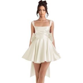 Stylefun فستان قصير من الساتان برقبة مربعة لحفلات العودة للوطن 2026 فستان HOCO مع فيونكة فستان حفلات كوكتيل STN023 in Kuwait