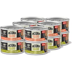 ACANA Chunks in Broth Variety 12 Pack: Salmon & Chicken Recipe (6) + Chicken & Tuna Recipe (6), 3oz in Kuwait