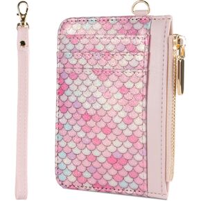 Small Wallet Mermaid RFID Protected Leather Credit Card Holder Slim Wristlet Strap Wallet with Zipper Pocket, Card Organizer for Women Girls(Light Purple) in Kuwait