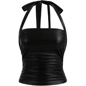 OYOANGLE Women's PU Leather Sleeveless Halter Tops Slim Fitted Backless Ruched Going Out Top in Saudi Arabia