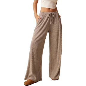 Women's Low Rise Wide Leg Pants Ribbed Knit Drawstring Waist Casual Lounge Trousers with Pockets in Kuwait