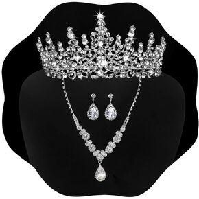 Silver Jewelry Set for Women Crystal Crown Tiara and Necklace Kit, Crown Earrings Neck Accessories for Bride Wedding Halloween Prom Pageant Jewelry Birthday Costume Party Bridesmaid Dress up in Saudi Arabia