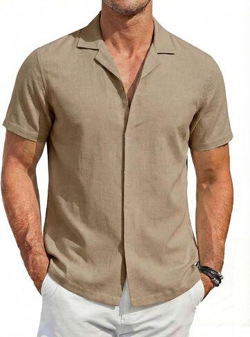 COOFANDY Men's Cotton Shirts Short Sleeve Button Down Shirts Casual Beach Summer Cuban Collar Shirt in Saudi Arabia