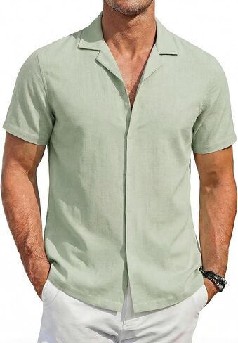 COOFANDY Men's Cotton Shirts Short Sleeve Button Down Shirts Casual Beach Summer Cuban Collar Shirt in Saudi Arabia