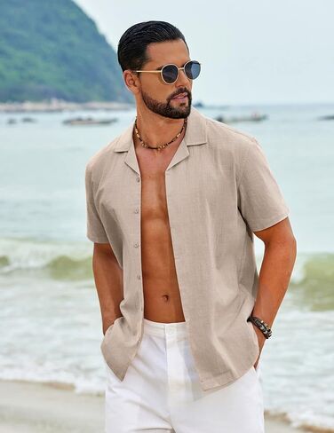COOFANDY Men's Cotton Shirts Short Sleeve Button Down Shirts Casual Beach Summer Cuban Collar Shirt in Saudi Arabia