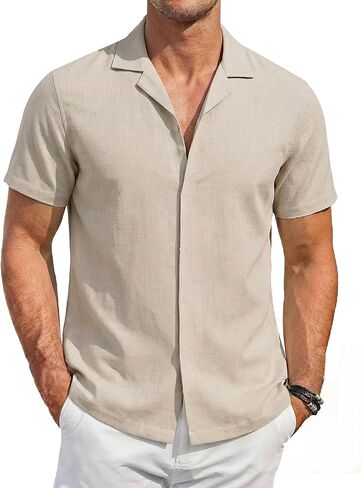 COOFANDY Men's Cotton Shirts Short Sleeve Button Down Shirts Casual Beach Summer Cuban Collar Shirt in Saudi Arabia