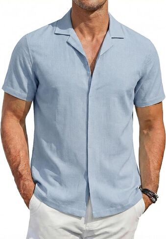 COOFANDY Men's Cotton Shirts Short Sleeve Button Down Shirts Casual Beach Summer Cuban Collar Shirt in Saudi Arabia