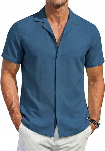 COOFANDY Men's Cotton Shirts Short Sleeve Button Down Shirts Casual Beach Summer Cuban Collar Shirt in Saudi Arabia