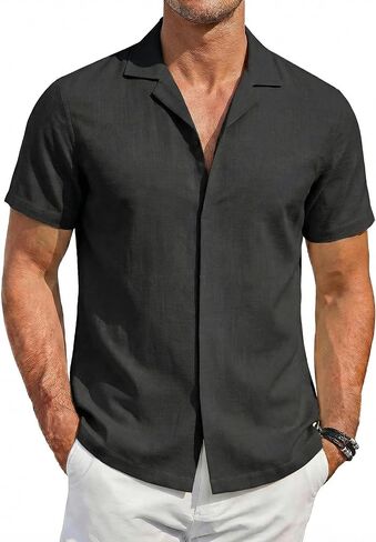 COOFANDY Men's Cotton Shirts Short Sleeve Button Down Shirts Casual Beach Summer Cuban Collar Shirt in Saudi Arabia