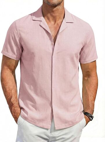 COOFANDY Men's Cotton Shirts Short Sleeve Button Down Shirts Casual Beach Summer Cuban Collar Shirt in Saudi Arabia
