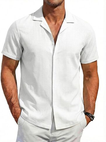 COOFANDY Men's Cotton Shirts Short Sleeve Button Down Shirts Casual Beach Summer Cuban Collar Shirt in Saudi Arabia