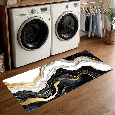 ANNA QUEEN Black and Gold Marble Laundry Room Rug 20x47 Inch – Abstract Art Non Slip Runner Mat for Kitchen, Laundry and Modern Home Decor in Saudi Arabia