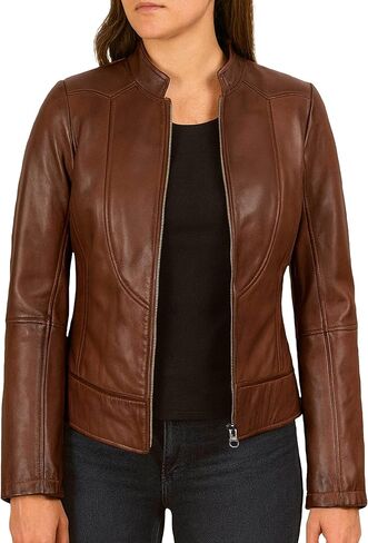 Leather Jacket Women Casual Winter Fashion - Real Lambskin Cafe Racer Style Womens Motorcycle Jacket in Kuwait
