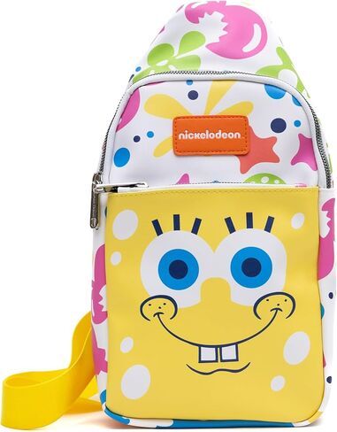 Nickelodeon Vegan Leather Crossbody Sling Bag, SpongeBob SquarePants Smiling Character Close Up and Icons, 7" x 14" in Saudi Arabia