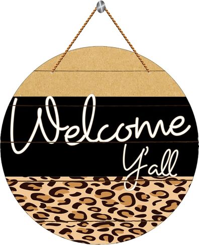 RIFOSA Round Wooden Hanging Decorative Sign, Leopard Print, 12X12 Inch, Welcome Y'all, Rustic Modern, Indoor/Outdoor in Saudi Arabia