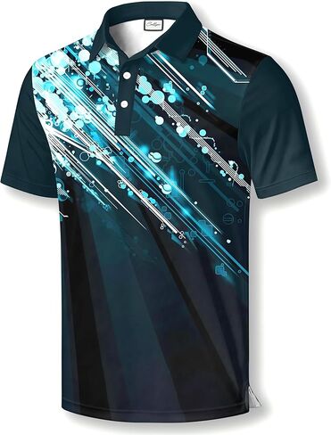 Men's Athletic Golf Polo Shirt, Blue White Black Color Block Design, Quick-Dry Performance Fabric in Saudi Arabia