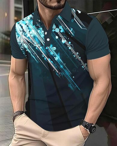 Men's Athletic Golf Polo Shirt, Blue White Black Color Block Design, Quick-Dry Performance Fabric in Saudi Arabia