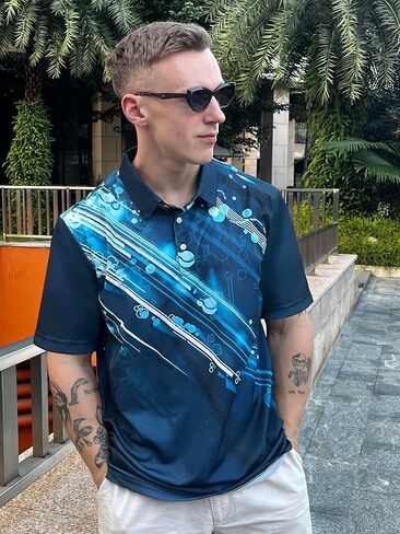 Men's Athletic Golf Polo Shirt, Blue White Black Color Block Design, Quick-Dry Performance Fabric in Saudi Arabia